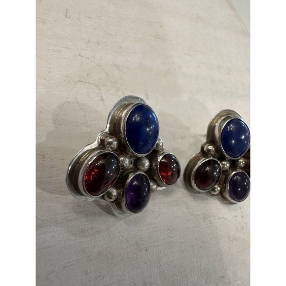 NAKAI NAVAJO 925 Sterling Silver Vintage Multi-Stone Earrings Amethyst Lapis - Picture 3 of 10